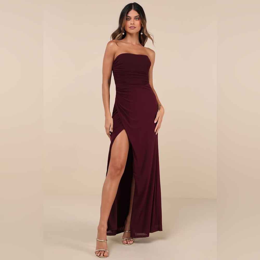 Lulu’s Epitome of Allure Purple Mesh Strapless Ruched Tulip Maxi Dress Small
